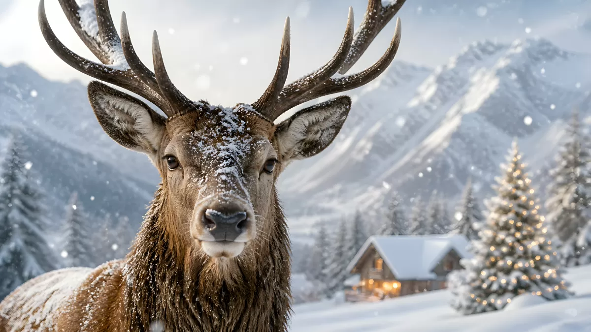 Majestätischer Hirsch im verschneiten Wintergebirge