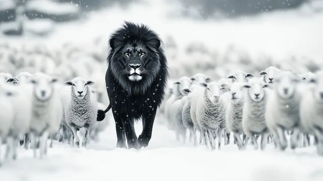 Majestätischer Löwe unter weißen Schafen im Schnee kostenlos herunterladen