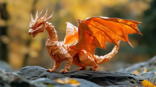 Majestätischer Origami-Drache in Herbstlandschaft