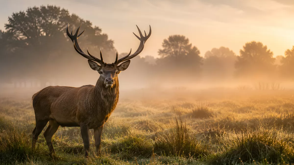 Majestätischer Rothirsch im Morgennebel auf der Wiese