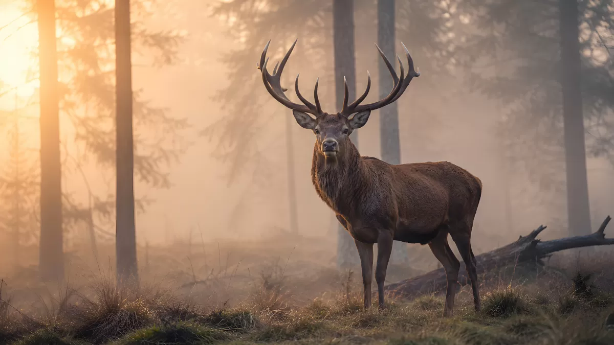 Majestätischer Rothirsch im nebligen Herbstwald