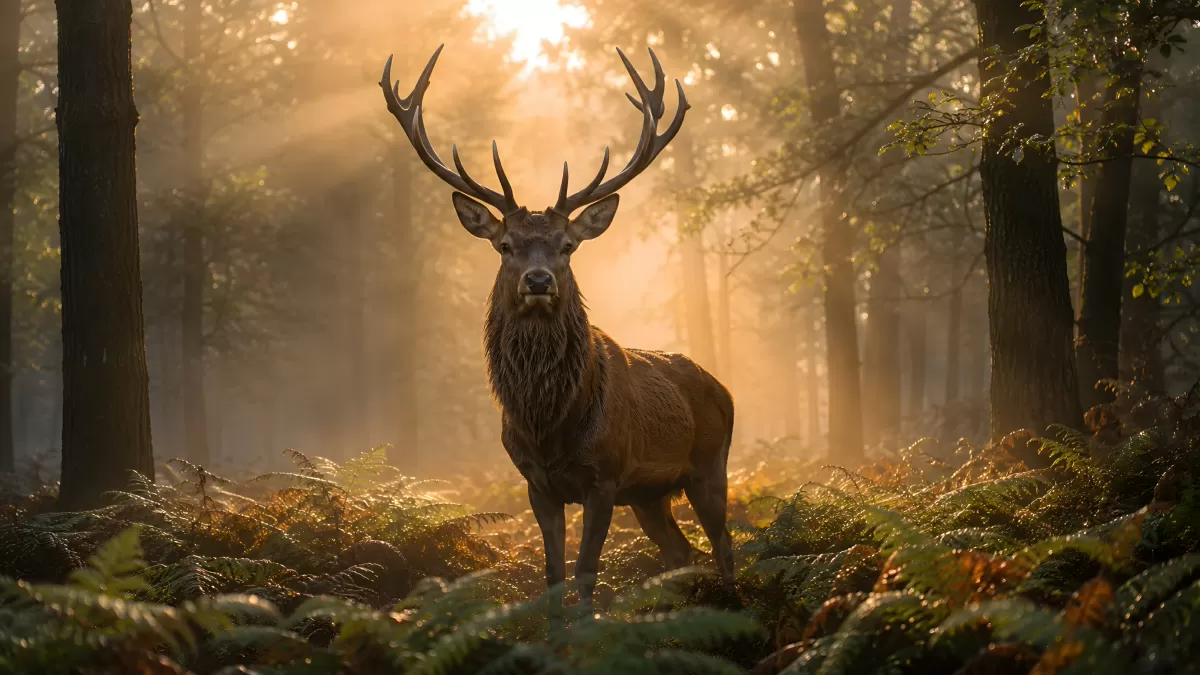 Majestätischer Rothirsch im nebligen Morgenwald