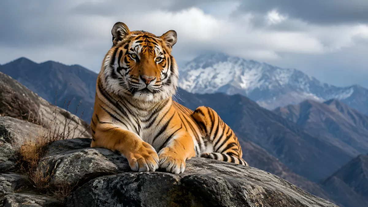 Majestätischer Tiger ruht auf Felsen vor Bergpanorama