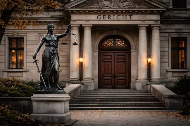 Majestätisches Gerichtsgebäude mit Justitia-Statue vor dem Gericht