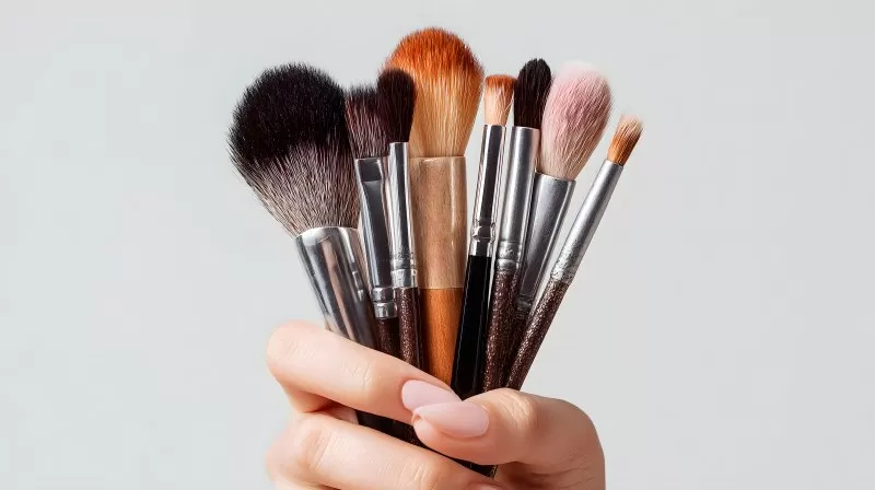 Make-up Pinsel in Hand isoliert auf hellgrau