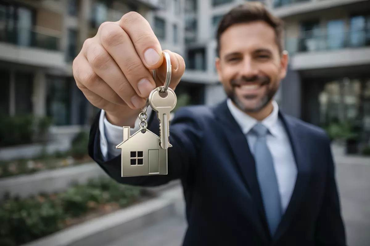 Makler hält Hausschlüssel mit Anhänger vor Gebäude