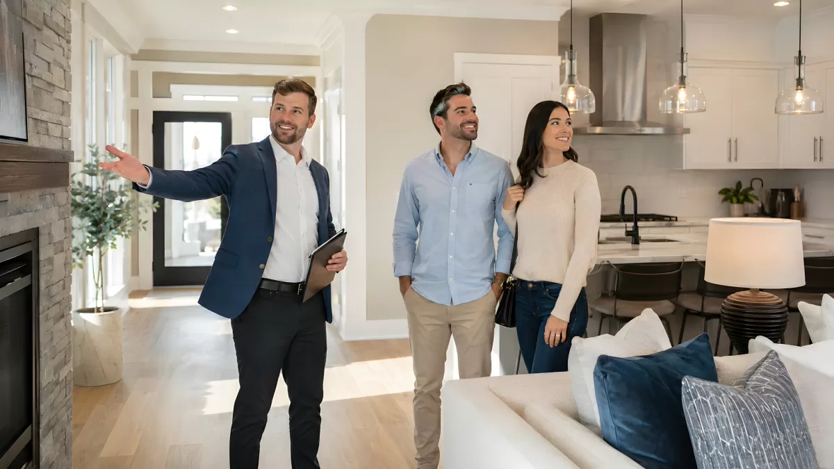 Makler zeigt Paar ein modernes Wohnhaus beim Rundgang