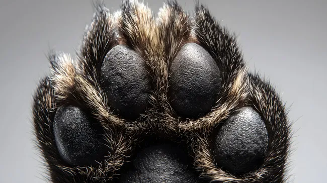 Makroaufnahme einer Katzenpfote mit sichtbarem Fell und Ballen