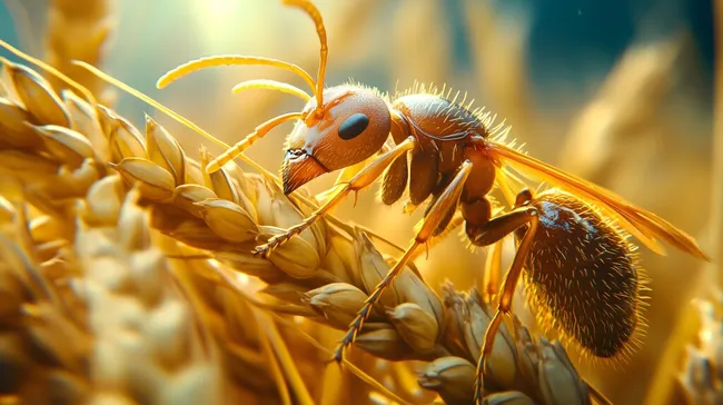 Makroaufnahme einer Nahaufnahme einer Ameise auf goldenen Getreideähren