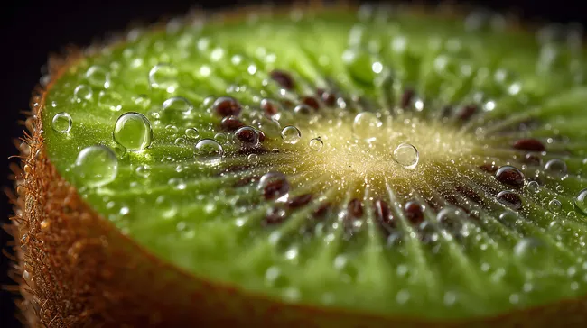 Makroaufnahme einer saftigen Kiwi mit Wassertropfen