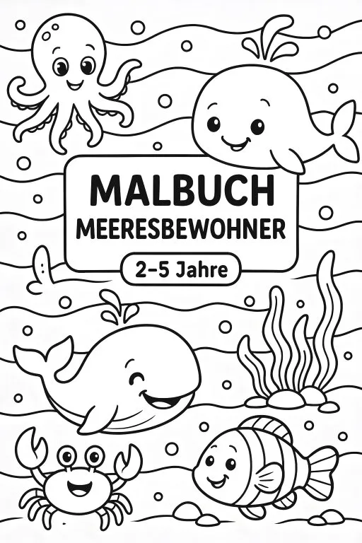 Malbuch mit fröhlichen Meeresbewohnern für Kinder