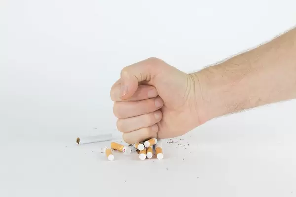Male hand destroying cigarettes on white