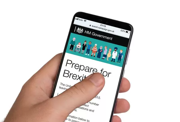 Male hands holding smartphone with an open website of Brexit campaign
