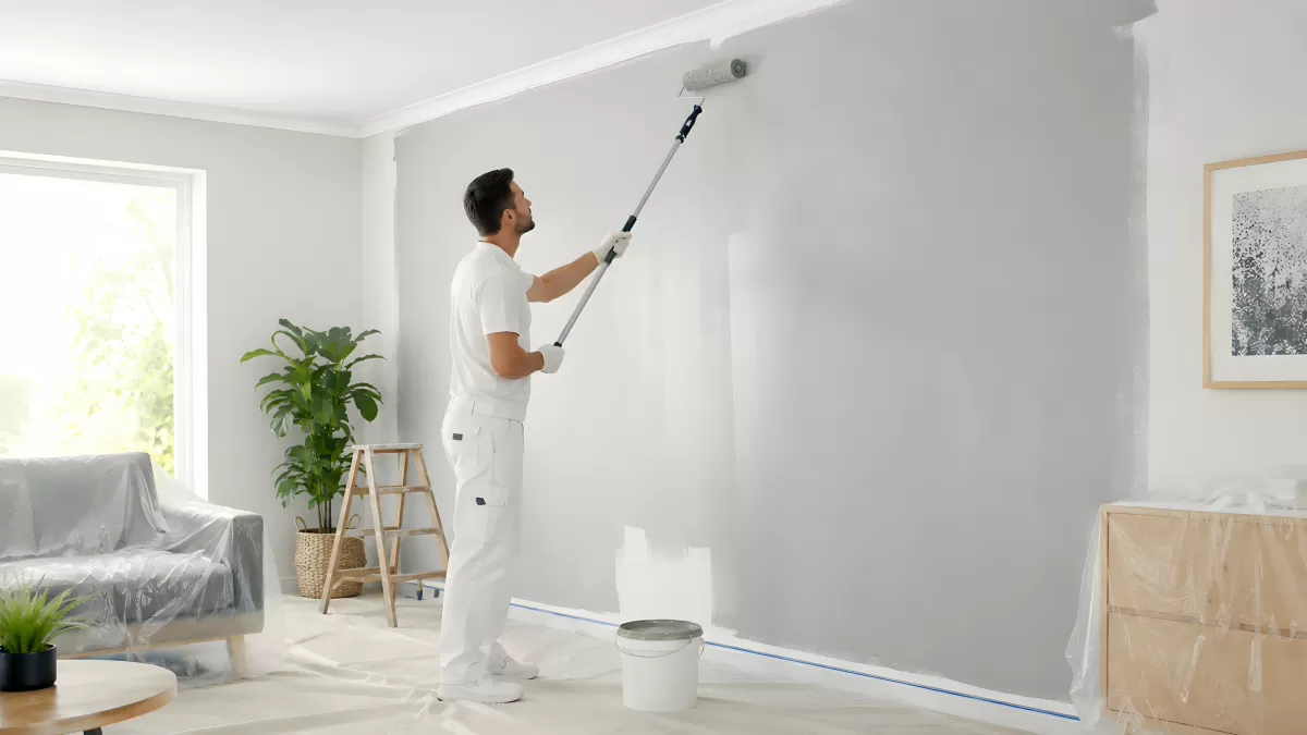 Maler streicht Wohnzimmerwand mit Farbrolle