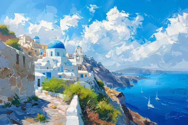 Malerische Ansicht von Santorini mit blauen Kuppeln und Meer