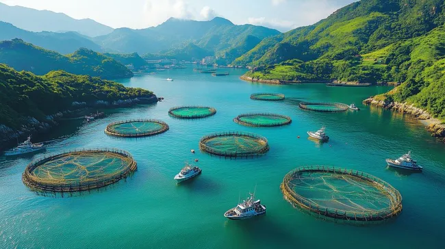 Malerische Aquakultur in der Meeresbuchtwasser