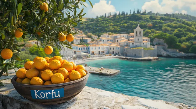 Malerische Bucht mit Orangenbaum und venezianischer Architektur auf Korfu