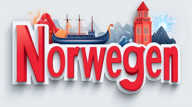 Malerische Darstellung Norwegens mit Wikingerschiff und Berglandschaft