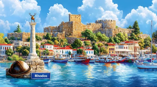 Malerische Hafenansicht von Rhodos mit Mittelalterlicher Festung