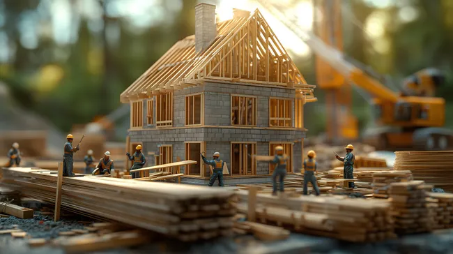 Malerische Holzbauweise auf Baustelle im Abendlicht