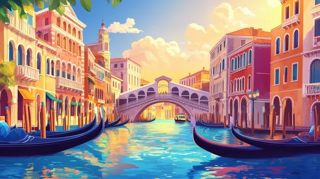 Malerische Kanäle und Architektur von Venedig im Sonnenuntergang