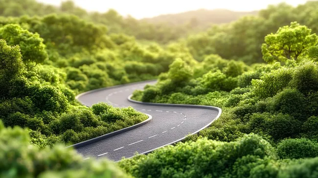 Malerische kurvige Bergstraße durch grüne Wälder