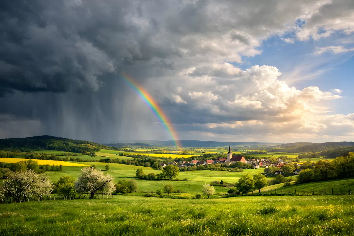 Malerische Landschaft mit Regenbogen und Dorfidylle