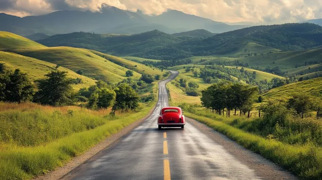 Malerische Landstraße durch hügeliges Grün