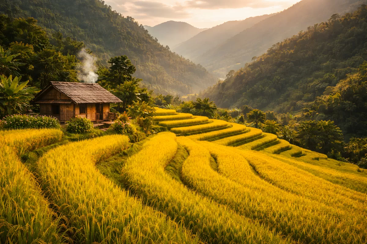Malerische Reisterrassen in einer tropischen Berglandschaft