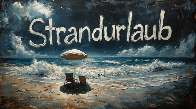 Malerische Strandszene mit Strandurlaub-Schriftzug