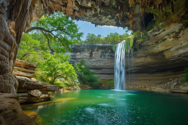 Malerische Wasserfallhöhle in saftiger Waldlandschaft