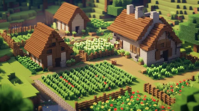 Malerischer Bauernhof mit Feldern und Blumenbeeten