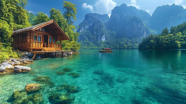 Malerischer Bergsee mit Holzhütte in den Alpen