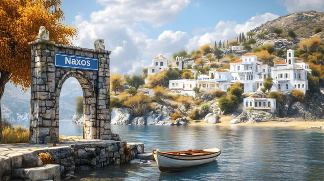 Malerischer Hafen von Naxos mit historischem Torbogen