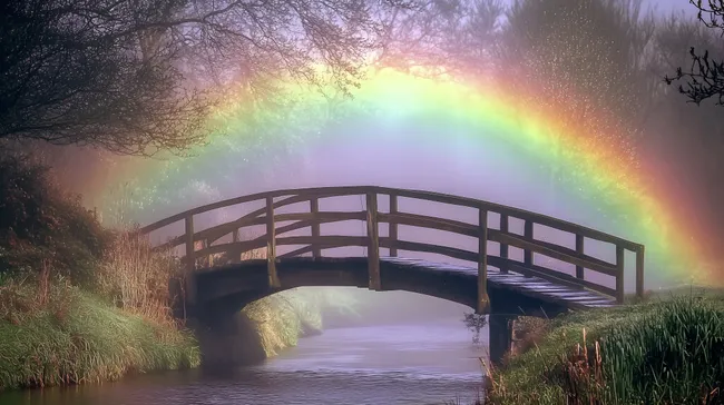 Malerischer Regenbogen über idyllischer Holzbrücke