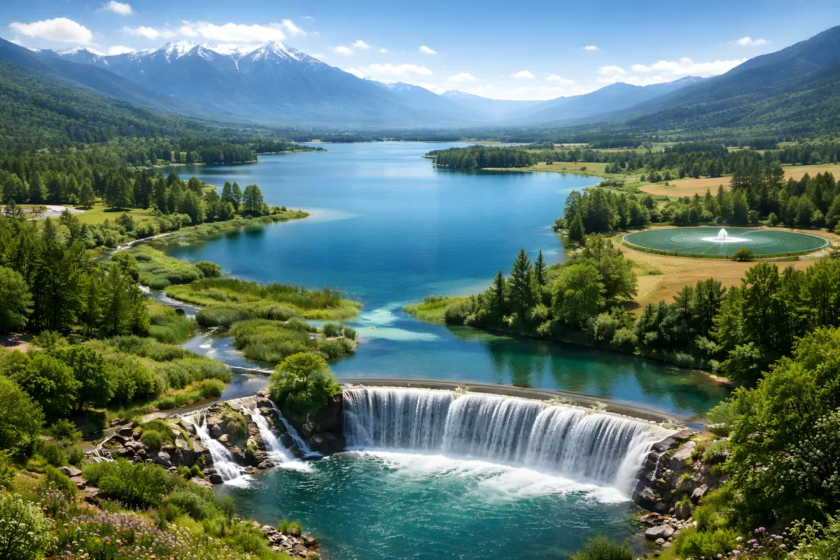Malerischer Wasserfall mit Bergsee und Schneebergen