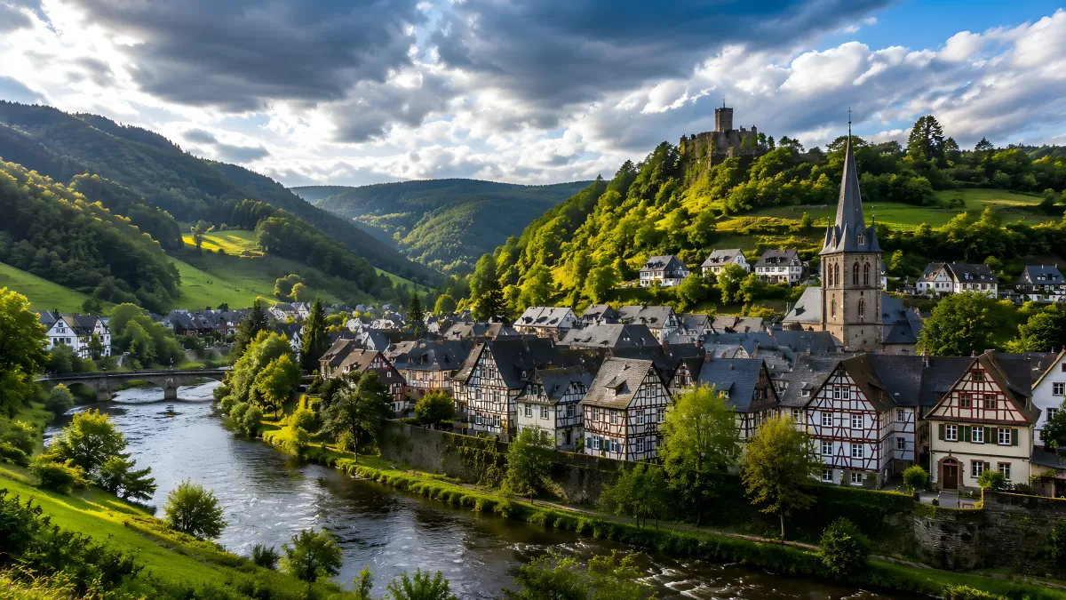 Malerisches Fachwerkdorf an einem Fluss mit Burg