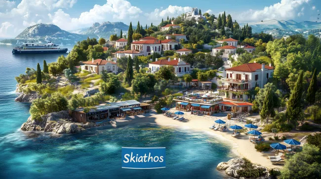Malerisches griechisches Dorf Skiathos an der Küste