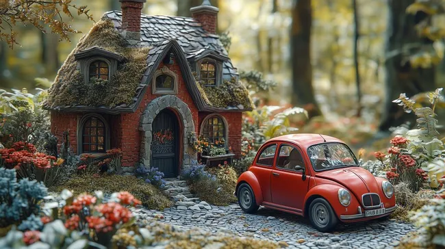 Malerisches Miniaturhaus mit rotem Vintage-Auto im Waldidyll