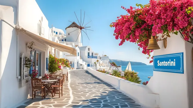 Malerisches Santorini-Dorf mit Windmühle und Blütenpracht