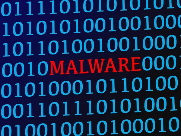 Malware red text between blue binary data on screen