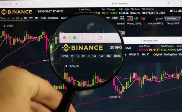 Man holding magnifying glass over Binance logo