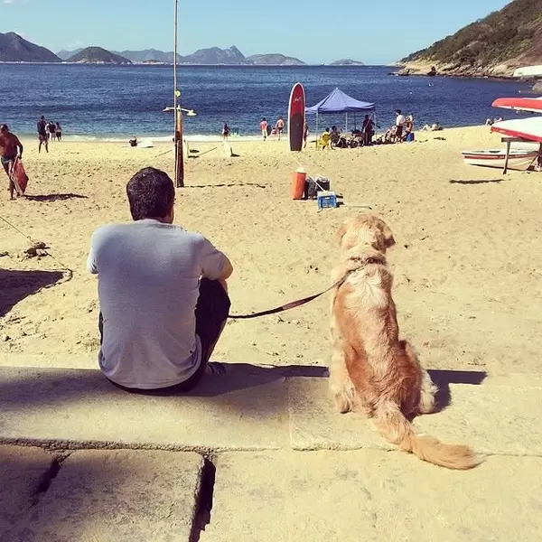 Man sitting next to his Dog facing the Beach in Rio De Janeiro