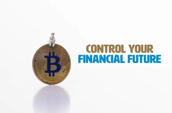 Man sitting on Bitcoin coin with Control your financial future text