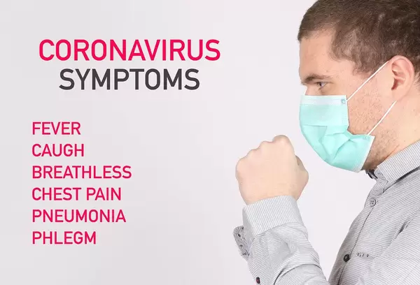 Man suffer from cough with face mask protection and Coronavirus Symptoms list