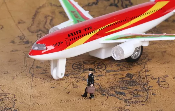 Man with a suitcase and airplane on a map