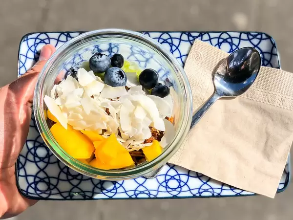Mango, blueberries, coconut flakes and granola
