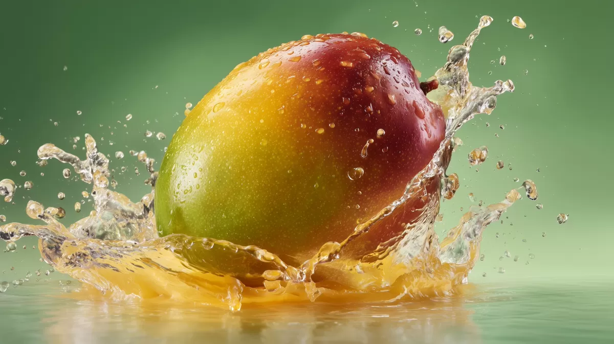 Mango-Frucht mit spritzendem Saft vor grünem Hintergrund