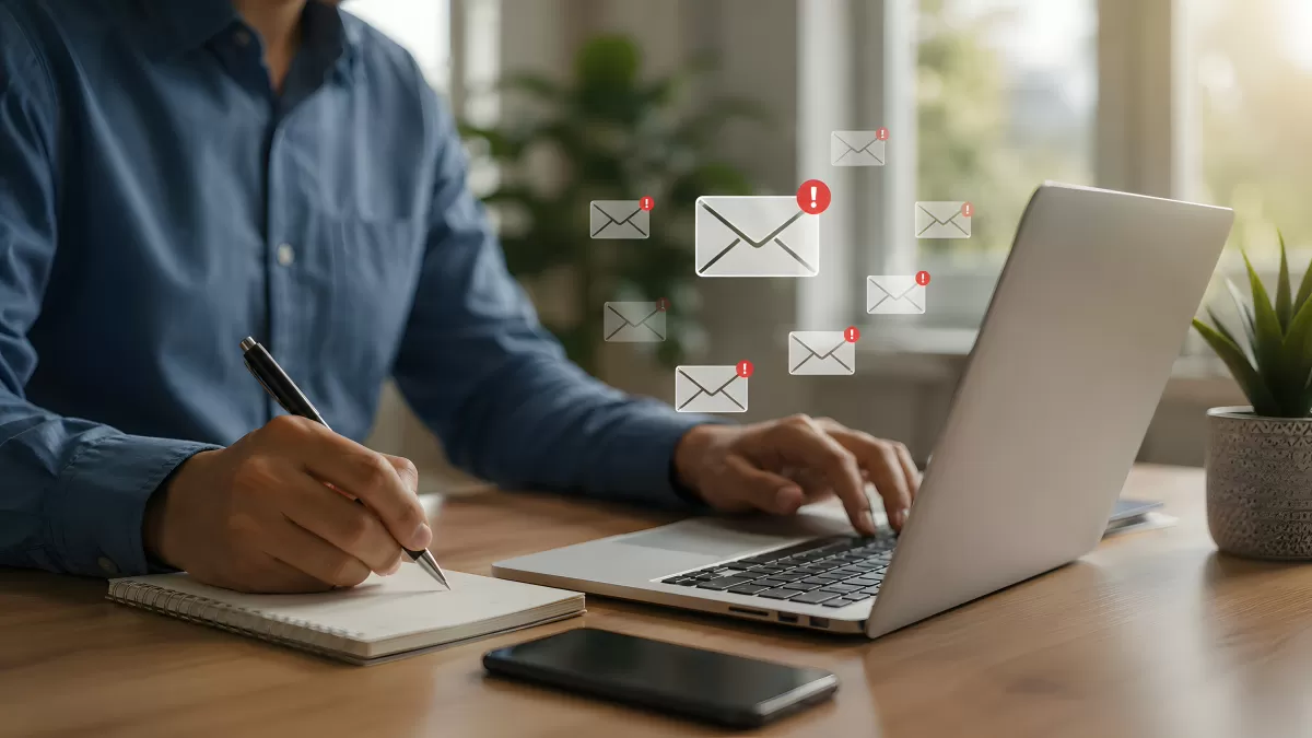 Mann am Laptop mit E-Mail-Benachrichtigungen im Büro