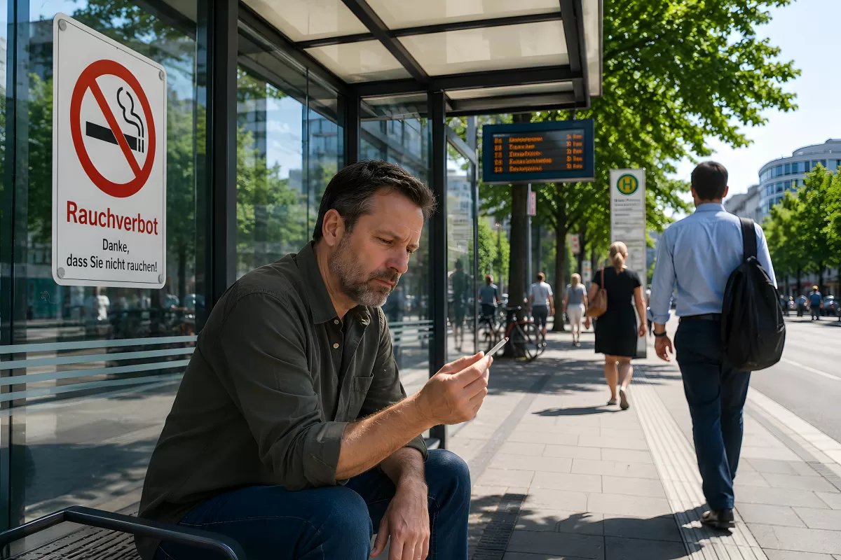 Mann an Bushaltestelle neben Rauchverbot-Schild